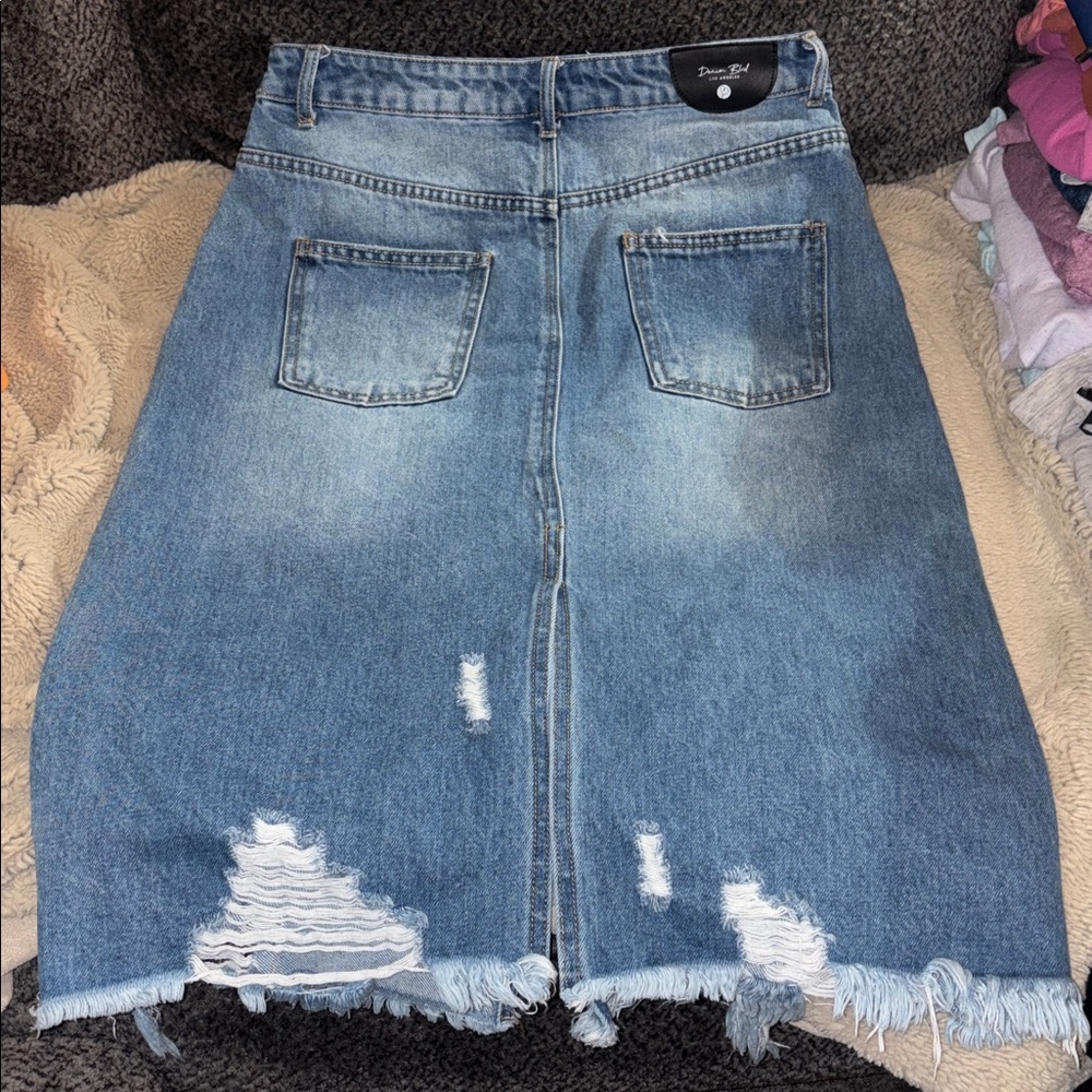 Denim Blvd Los Angeles Distressed Denim Midi Skirt, Medium - Picture 3 of 6